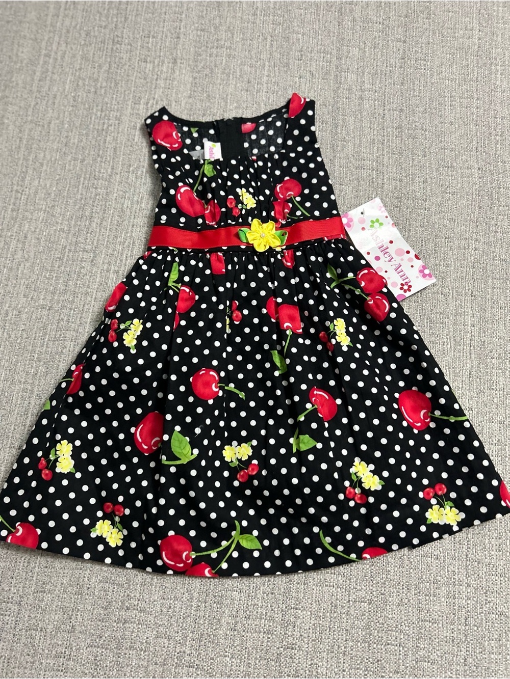 Ashley Ann Black Polka Dot Dress Red Cherry Print and Yellow Flower. SZ 2T NWT